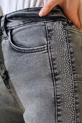 Taş Şeritli Dar Paça Pantolon Gri - Thumbnail