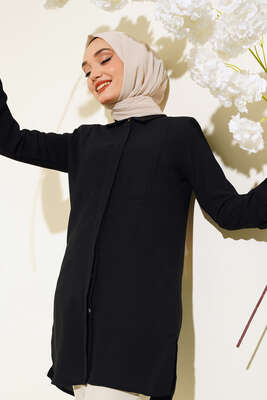 Gizli Düğmeli Uzun Gömlek Siyah - Thumbnail