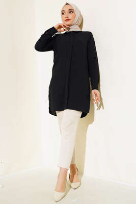 Gizli Düğmeli Uzun Gömlek Siyah - Thumbnail