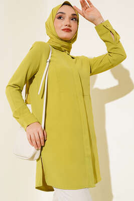 Gizli Düğmeli Uzun Gömlek Yağ Yeşili - Thumbnail