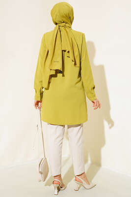 Gizli Düğmeli Uzun Gömlek Yağ Yeşili - Thumbnail