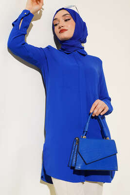 Gizli Düğmeli Uzun Gömlek Saks - Thumbnail