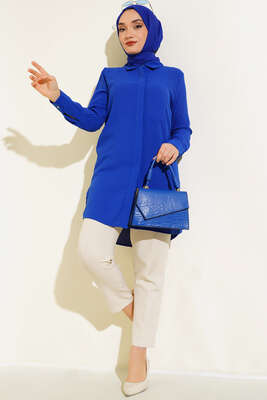 Gizli Düğmeli Uzun Gömlek Saks - Thumbnail