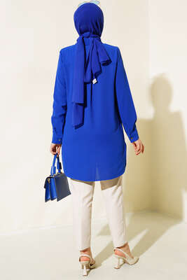 Gizli Düğmeli Uzun Gömlek Saks - Thumbnail