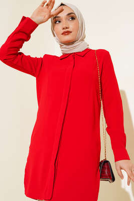 Gizli Düğmeli Uzun Gömlek Kırmızı - Thumbnail