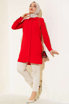 Gizli Düğmeli Uzun Gömlek Kırmızı - Thumbnail