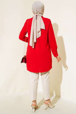 Gizli Düğmeli Uzun Gömlek Kırmızı - Thumbnail