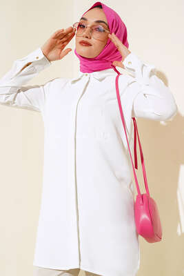 Gizli Düğmeli Uzun Gömlek Beyaz - Thumbnail