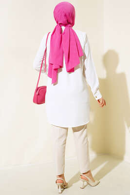 Gizli Düğmeli Uzun Gömlek Beyaz - Thumbnail