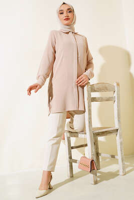 Gizli Düğmeli Uzun Gömlek Bej - Thumbnail