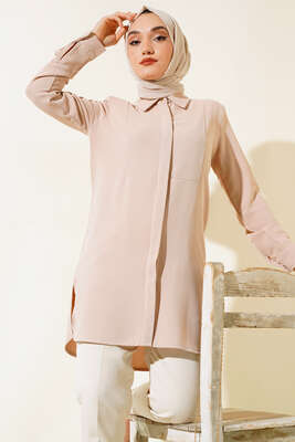 Gizli Düğmeli Uzun Gömlek Bej - Thumbnail