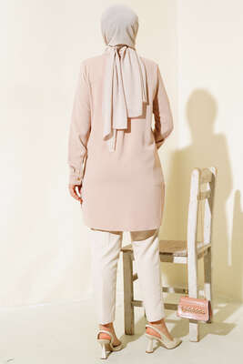 Gizli Düğmeli Uzun Gömlek Bej - Thumbnail