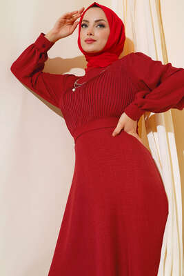 Önü Piliseli Keten Elbise Bordo - Thumbnail