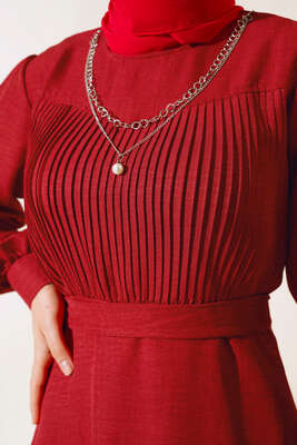 Önü Piliseli Keten Elbise Bordo - Thumbnail