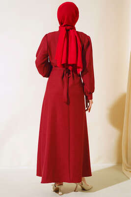 Önü Piliseli Keten Elbise Bordo - Thumbnail