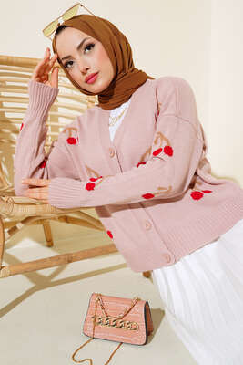 Kiraz Desen Düğmeli Kısa Hırka Pudra - Thumbnail