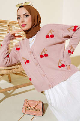 Kiraz Desen Düğmeli Kısa Hırka Pudra - Thumbnail