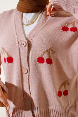 Kiraz Desen Düğmeli Kısa Hırka Pudra - Thumbnail