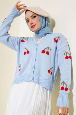 Kiraz Desen Düğmeli Kısa Hırka Mavi - Thumbnail