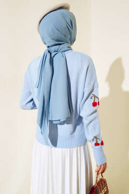 Kiraz Desen Düğmeli Kısa Hırka Mavi - Thumbnail