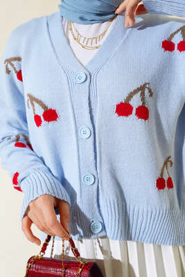 Kiraz Desen Düğmeli Kısa Hırka Mavi - Thumbnail