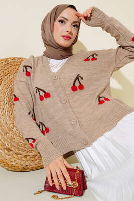 Kiraz Desen Düğmeli Kısa Hırka Latte - Thumbnail