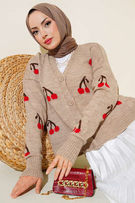 Kiraz Desen Düğmeli Kısa Hırka Latte - Thumbnail