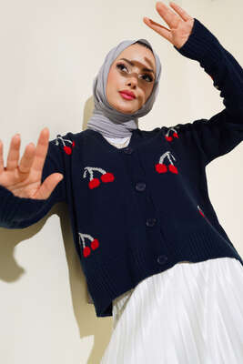 Kiraz Desen Düğmeli Kısa Hırka Lacivert - Thumbnail