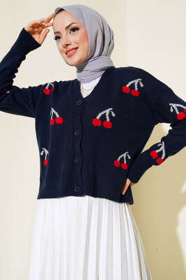 Kiraz Desen Düğmeli Kısa Hırka Lacivert - Thumbnail