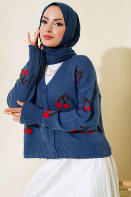 Kiraz Desen Düğmeli Kısa Hırka İndigo - Thumbnail