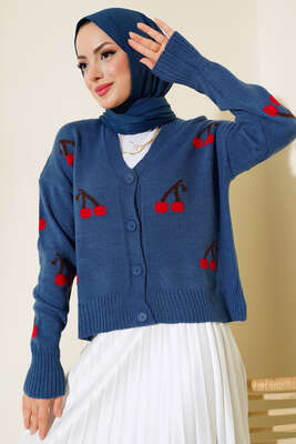 Kiraz Desen Düğmeli Kısa Hırka İndigo - Thumbnail