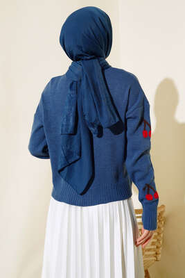 Kiraz Desen Düğmeli Kısa Hırka İndigo - Thumbnail