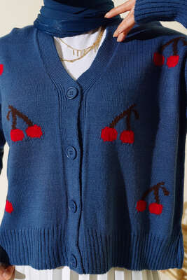 Kiraz Desen Düğmeli Kısa Hırka İndigo - Thumbnail