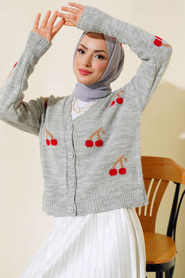 Kiraz Desen Düğmeli Kısa Hırka Gri - Thumbnail