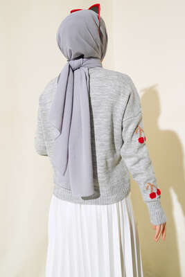 Kiraz Desen Düğmeli Kısa Hırka Gri - Thumbnail