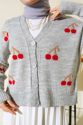 Kiraz Desen Düğmeli Kısa Hırka Gri - Thumbnail