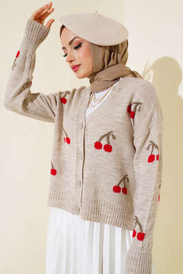 Kiraz Desen Düğmeli Kısa Hırka Bej - Thumbnail