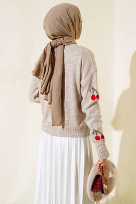 Kiraz Desen Düğmeli Kısa Hırka Bej - Thumbnail