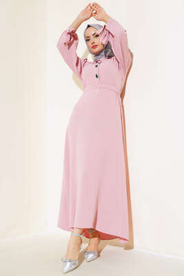 Pazarium - Kol Bağlamalı Elbise Pembe