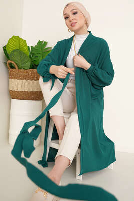 Kolları Bağcıklı Ayrobin Hırka Zümrüt - Thumbnail