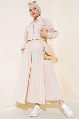 Pazarium - Önü Fermuarlı Etekli İkili Takım Bej