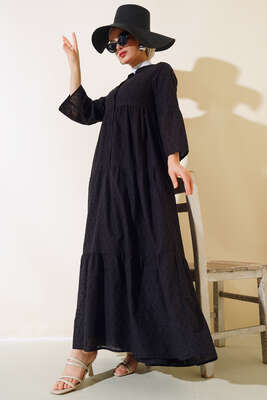 Pazarium - Papatya İşlemeli Elbise Siyah