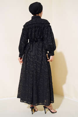 Simli Kuşaklı Elbise Siyah - Thumbnail