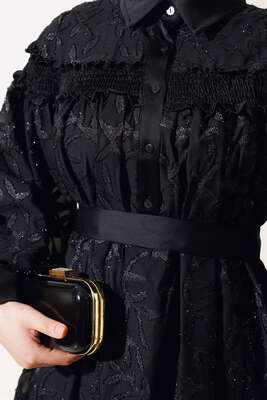 Simli Kuşaklı Elbise Siyah - Thumbnail