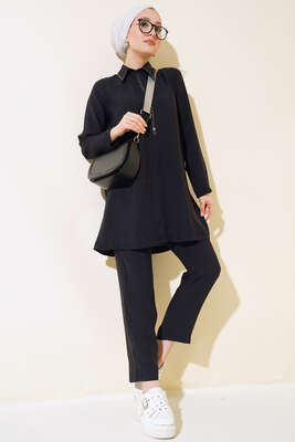 Pazarium - Taş Detaylı Yarım Fermuarlı İkili Takım Siyah