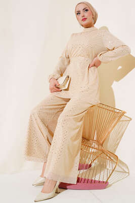 Pazarium - Parlak Puantiyeli İkili Takım Krem