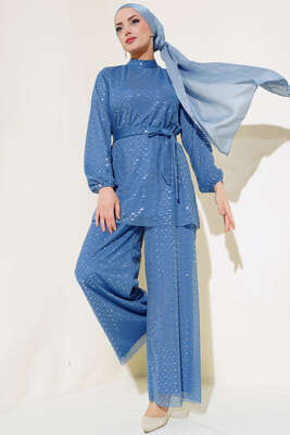 Pazarium - Parlak Puantiyeli İkili Takım İndigo