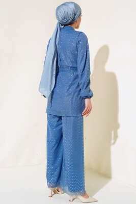 Parlak Puantiyeli İkili Takım İndigo - Thumbnail