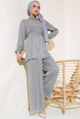 Pazarium - Parlak Puantiyeli İkili Takım Gri