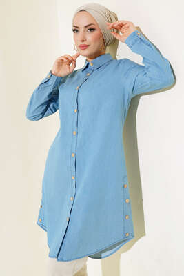 Yan Düğmeli Kot Mavisi Tunik - Thumbnail